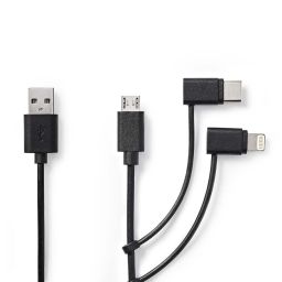 3-in-1 kabel - USB2.0 - USB A Male naar Apple Lightning, USB C en Micro USB - 1 meter 